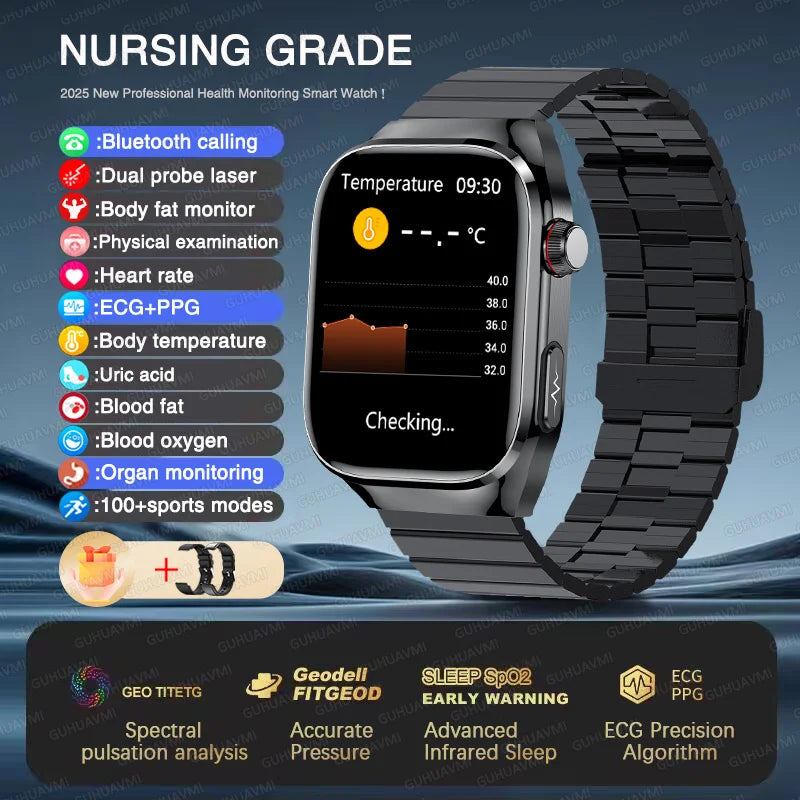 NEW Arrivals Micro Physical Examination ECG Smart Watch Women Men Uric Acid Body Fat Five Organ BP Health Watches HD Call Smart Bracelet Health Care Supplies