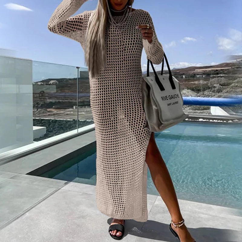 NEW 5 Colors Beach Rave Party Sexy Perspective Handmade Knit Round Collar Long-Sleeve Lacing Solid Bikini Swimsuit Cover Up Long Split Dress See Through Bikini Swimwear Sexy Cover Up Dress