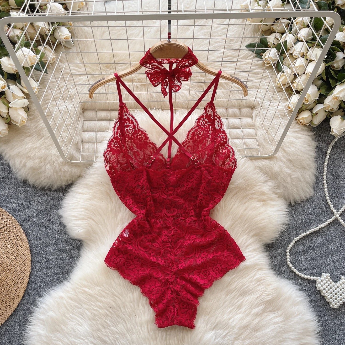 V-neck Sexy Lace Strap Jumpsuit Skinny See-through Women Pajamas Playsuit Erotic Lingerie Catsuit Backless Hollow Out Bodysuit