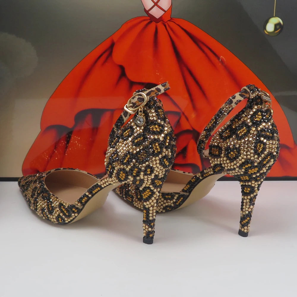NEW Arrivals Luxury Fashion Pointed Toe Leopard Bridal Shoes Set with Bags Evening Wedding Party Night Business Dinner Summer Sandals Woman Ankle Strap Buckle Shoes Bag Thin High Heels Ladies Luxury Fashion Clothing Supplie
