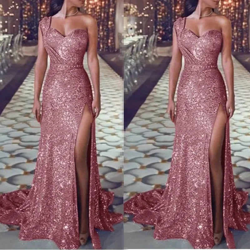 NEW Arrivals M-4XL 8 Colors Women's Wedding Party Dress Evening Elegant Sexy Deep V-Neck One Shoulder Sleeveless Sequined Long Maxi Dresses Ladies Luxury Fashion Clothing Products