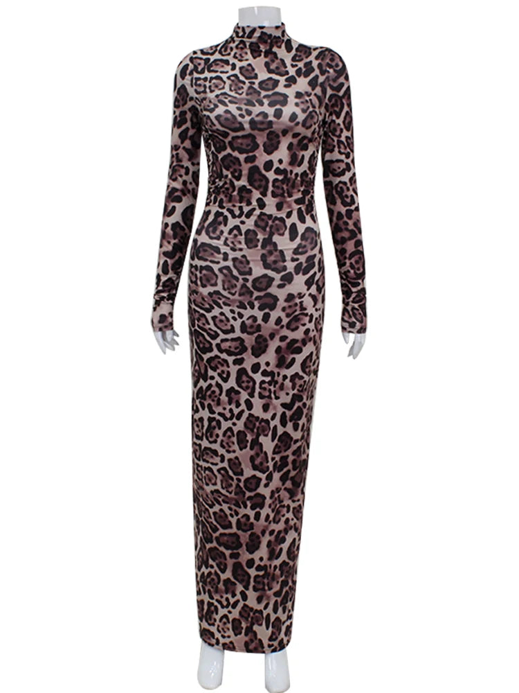 NEW Arrivals Sexy Leopard Long Dresses Turtleneck Regular Casual Y2K Full Sleeve Slim Sheath Skinny Evening Party Maxi Dress Night Club Outfit Ladies New Fashion Apparel Supplies