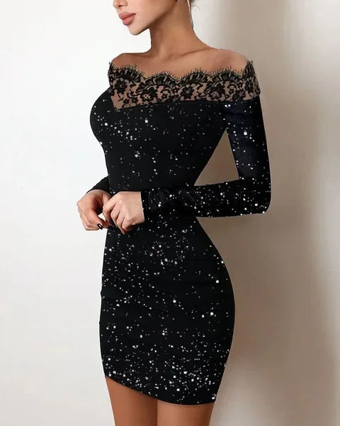 New Arrivals Luxury Spring Women's Female Elegance, Leisure, Sexy Long Sleeved Lace Edge, One Shoulder Silver Powder Sprinkled Dress Evening Wedding Birthday Party Night Clubwear Girls Ladies Luxury Fashion Clothing Supplies