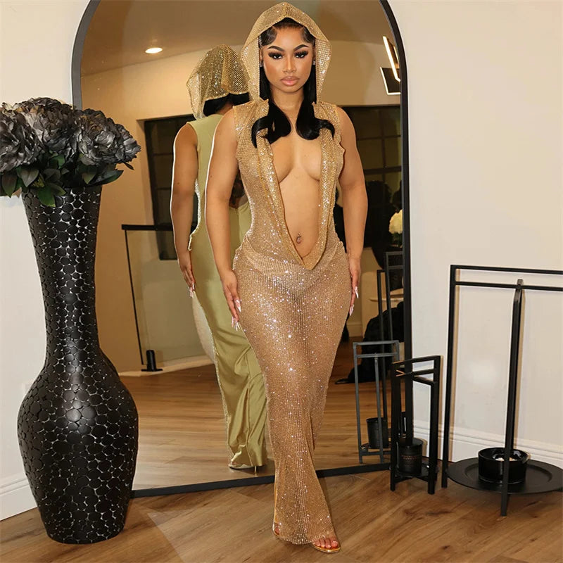 NEW Arrivals S-2XL Pink/Gold/Red Color Sexy Deep V-Neck Hooded Party Long Dresses Women Nightclub Prom Mesh See Through Sleeveless Glitter Sequined Bodycon Maxi Dress