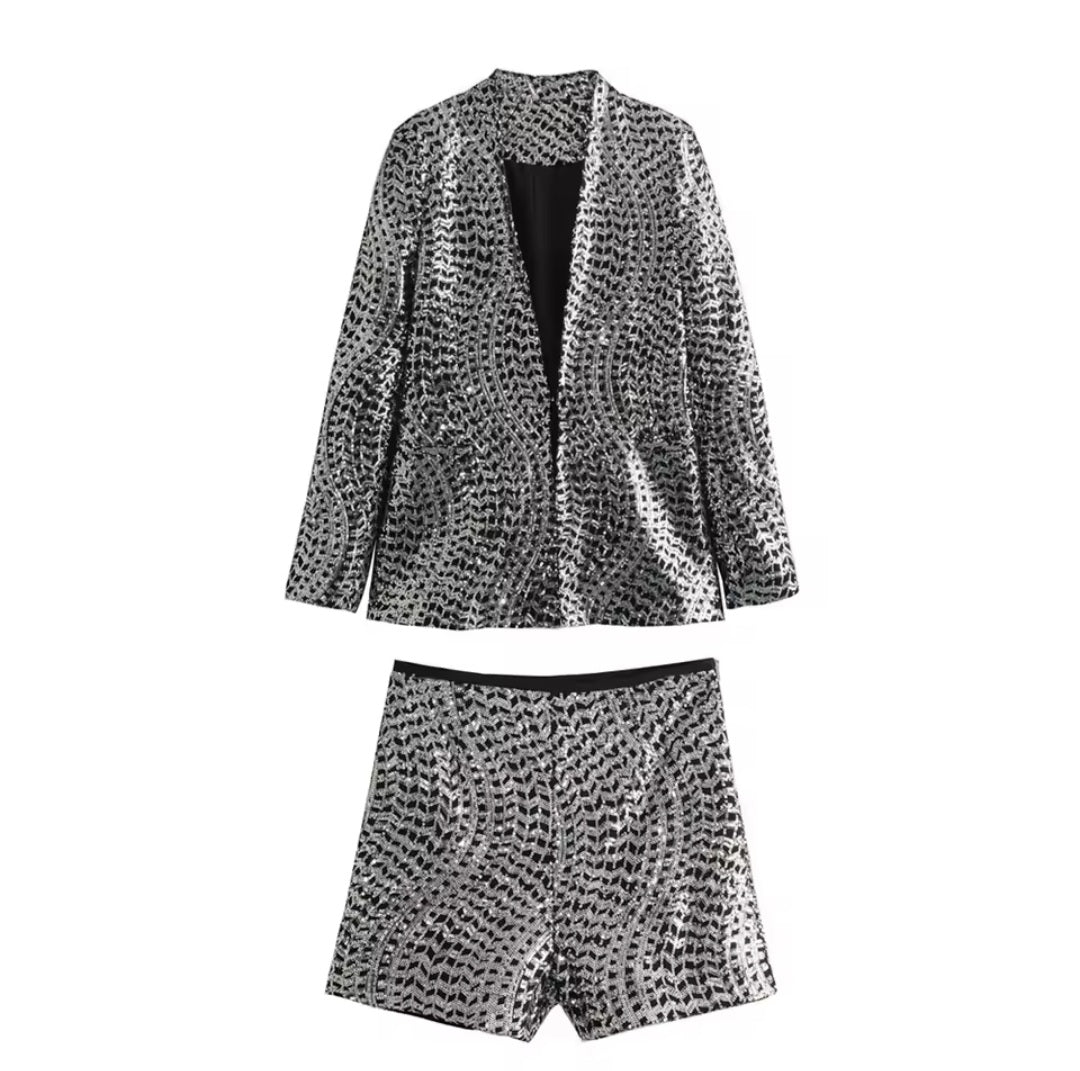 Vintage Chic Women Suit Solid V-Neck Long Sleeve Sequins Blazer Zipper Straight Shorts Fashion Autumn Winter Sets