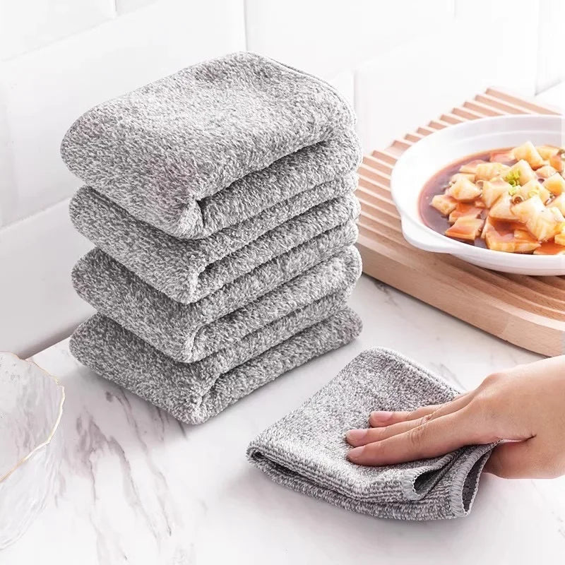 NEW 50/100PCS Set Gray Bamboo Charcoal Thickened Super Absorbent Dishcloth Anti-Grease Kitchen Wiping Rags Microfiber Floor Windows Cleaning Cloths Home Cleaning Supplies