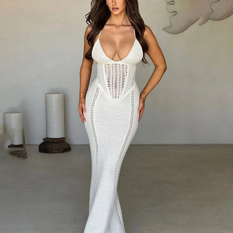 NEW Arrivals Black/White/Khaki Color Spring Summer New Women's Clothing Sexy Elegant Tank Long Dress Hollow Out System Backless Knit Dress Fashionable Open-Back Design Evening Beach Party Night Clubwear