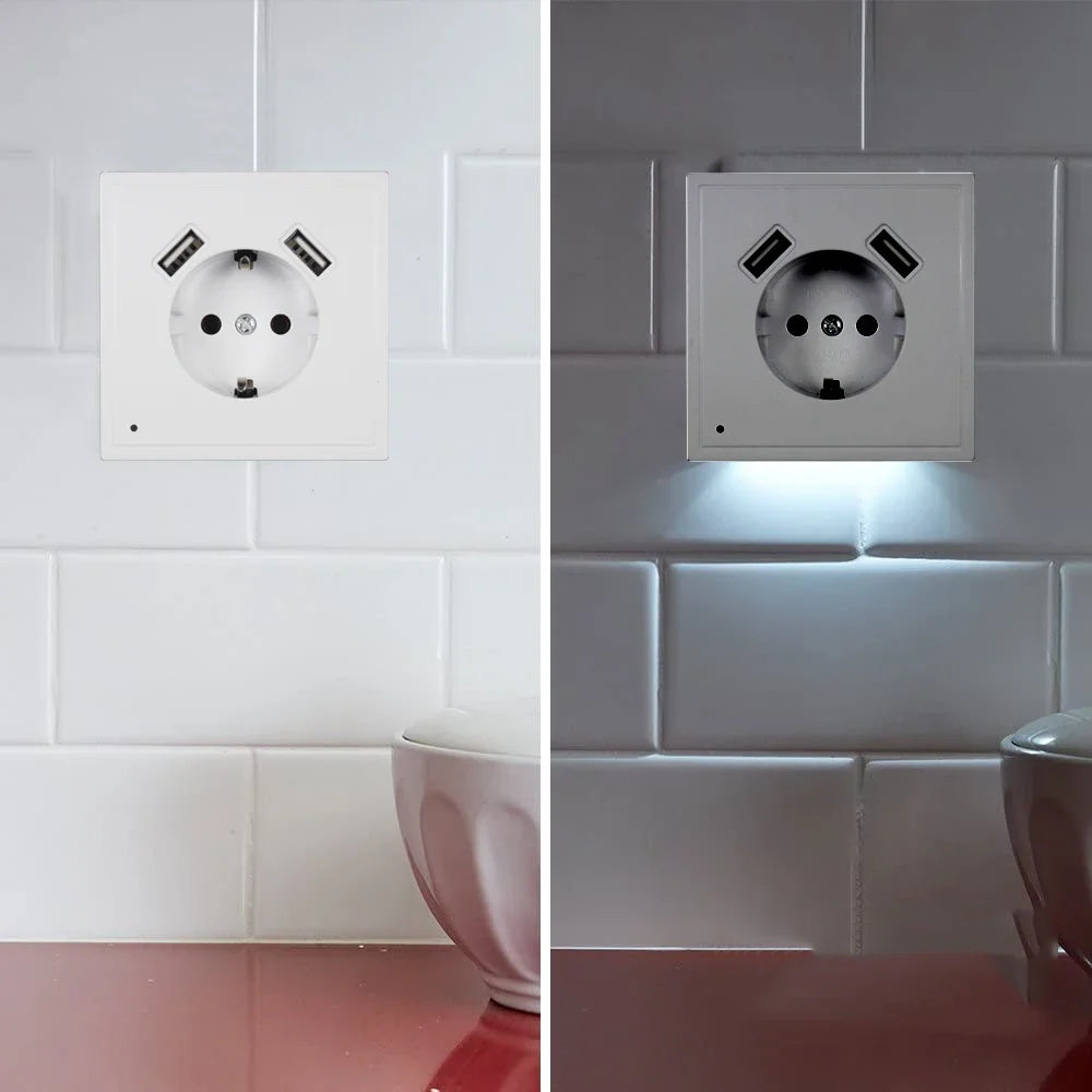 NEW Arrivals USB Wall Socket With Sensor Night Light Double USB 5V2A EU Standard Phone Charger XJ10-01 Office Home Bedroom Living Room Lighting Supplies