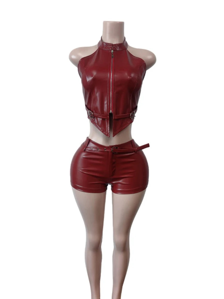 2 PCS Set Black/Red Color S-2XL UK Size Belt PU Leather Women Sexy Zip Halter Tank Top + Shorts Hipster Skinny Midnight Luxury Clubwear Outfits
