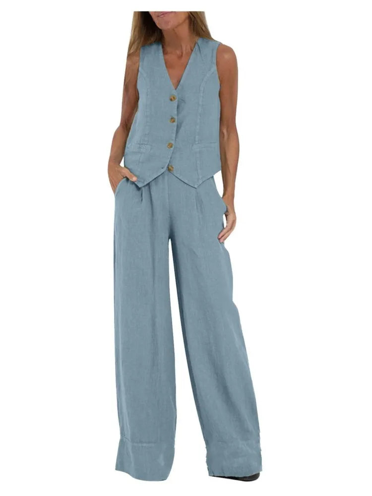NEW Arrivals 2PCS Set S-2XL UK Size Women's Clothing Spring Summer New Fashionable Vest Pants Collage Splicing Pure Sleeveless Color Temperament Casual Suit