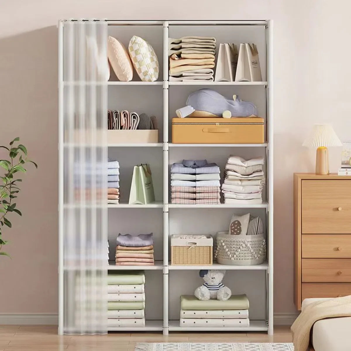 5 Layers Dustproof Wardrobe High Capacity Partition Bookshelf Bedroom Open Simple Assembly Storage Cabinet Bedroom Furniture