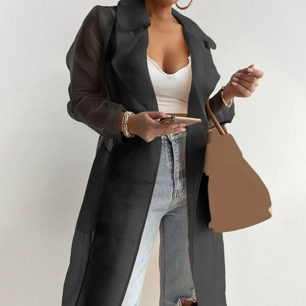 NEW Arrivals Black/White/Coffee Spring Italian Fashion Women Mesh Jacket Puff Sleeve Sunscreen Shirt Net Yarn See Through Spring Summer Lace-Up Long Shirt Thin Coat