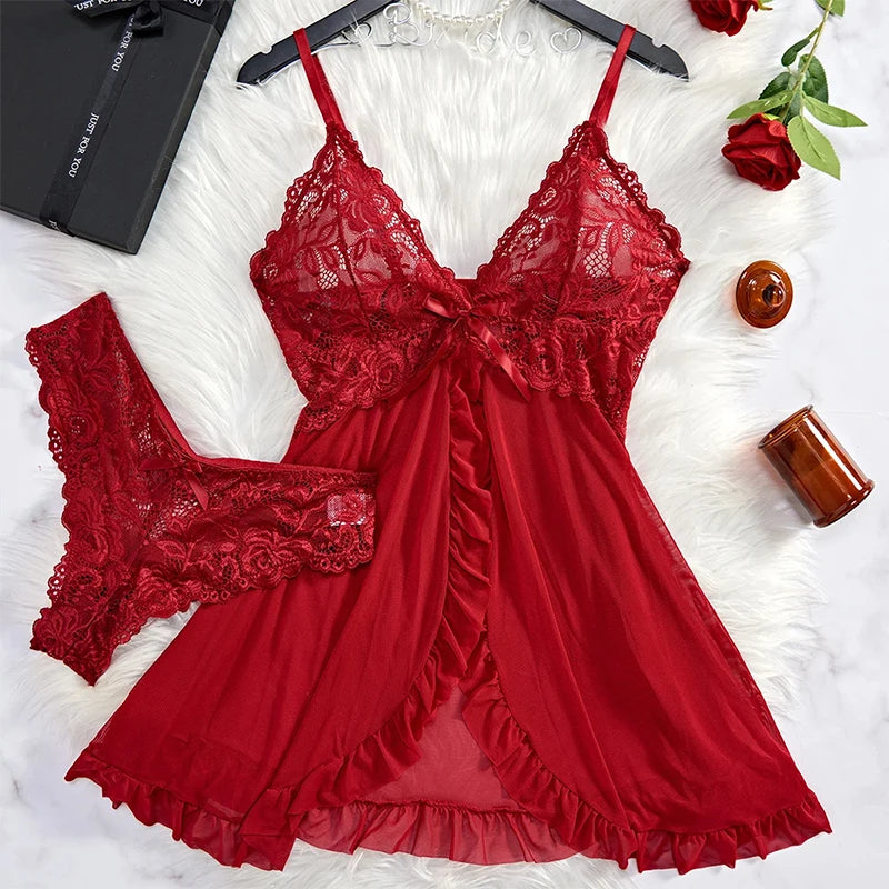 NEW Arrivals 2PCS Set Black/ Pink/Wine Red Color Transparent Sexy Lingerie Women Panties See Through Sleepwear Lace V Neck Nightdress And Thong Sets Female Underwear Briefs Set