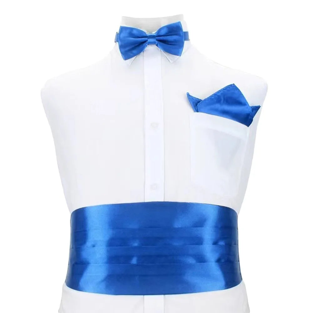 NEW Set Fashion Wide Silk Satin Tuxedo Cummerbund Elastic Gentleman Pocket Square Belly Band Business Neck Tie Set Compere Wedding Guest Evening Party Groom Formal Apparel Sets