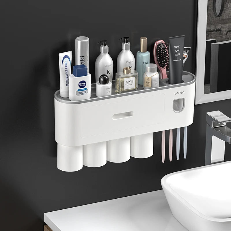 NEW Arrivals Wall-Mounted Magnetic Toothbrush Holder Automatic Toothpaste Dispenser Strong Adsorption Magnetic 5 Cups Bathroom Accessories Sets
