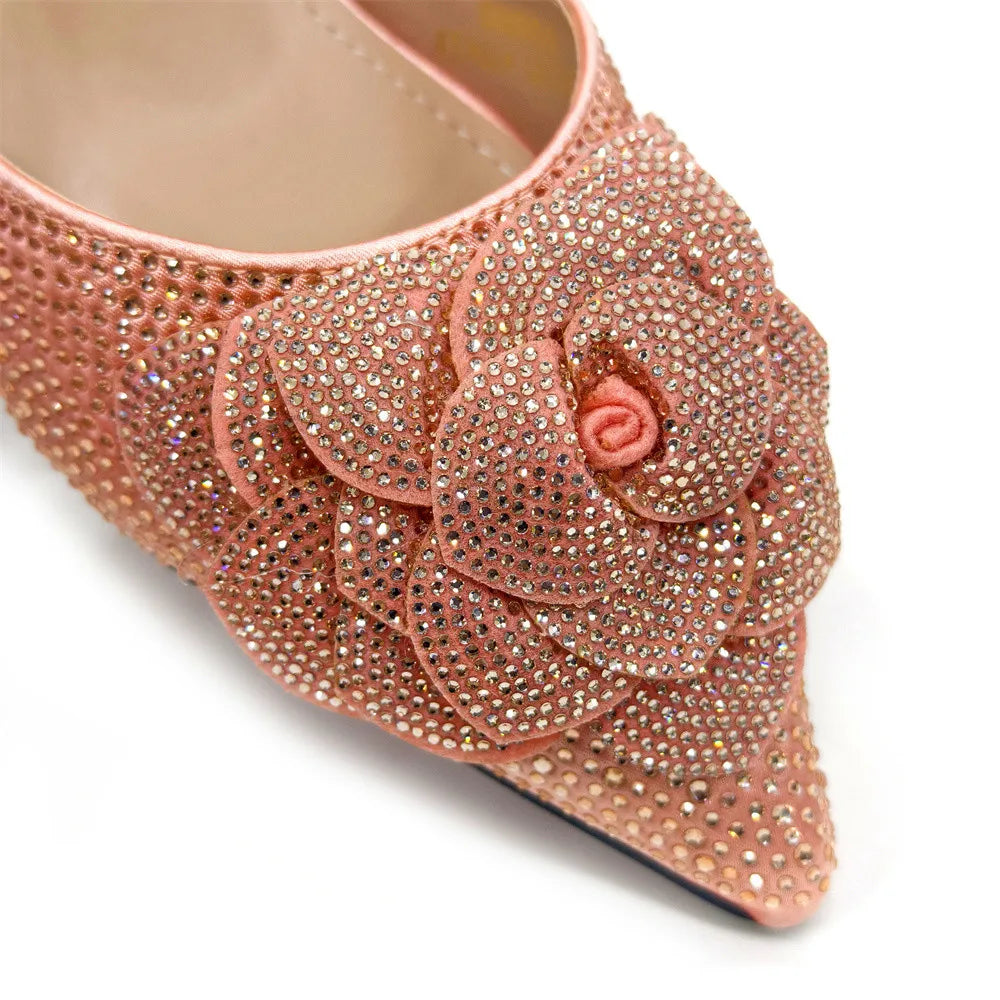 Italian Design Handmade Silver/Green Peach Color Elegant Lady Shoes And Bag Set with Rhinestones Embellished Pearls-knot Wear-Resistant And Comfortable Heel Evening Wedding Party Shoes Ladies Luxury Fashion Clothing Supplies