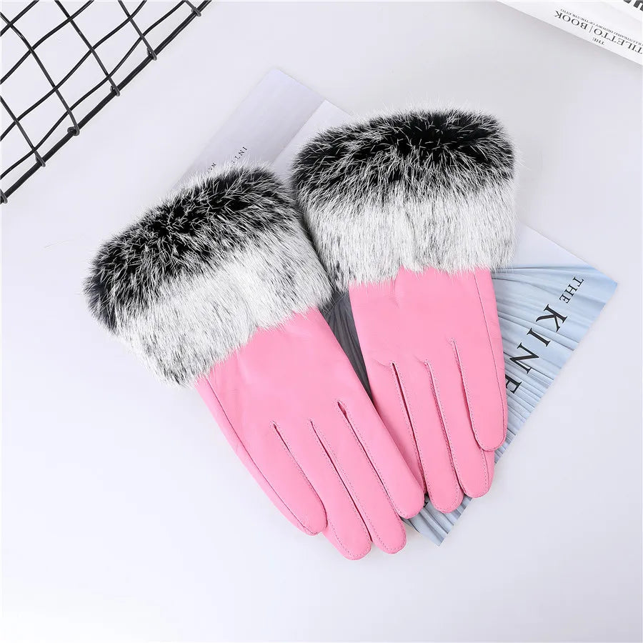 New Arrivals Women's Luxury Real Sheepskin Leather Gloves With Real Natural Rabbit Fur Cuffs Female Formal Evening Party Business Dinner Warm Gloves Fleece Lining Touch Screen Gloves Ladies Luxury Fashion Apparel Accessories
