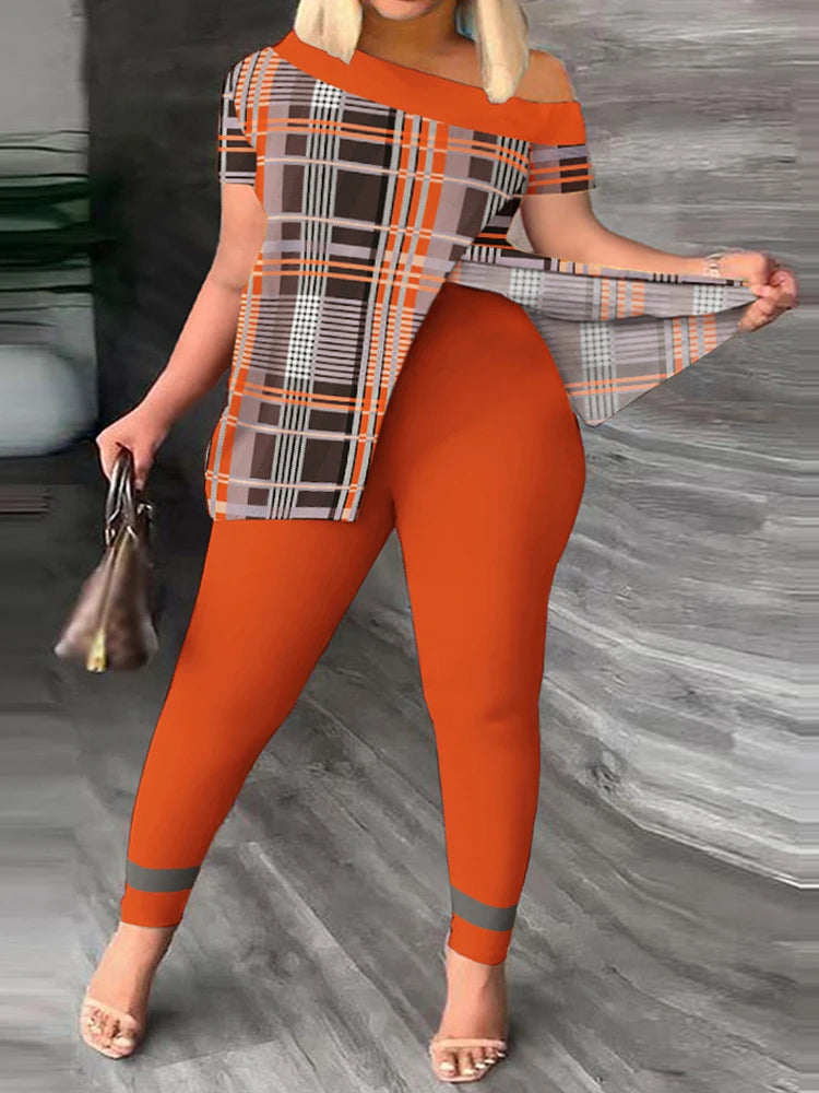 Plus Size Casual Outfits Two Piece Set, Women's Plus Plaid Print One Shoulder Slight Stretch Top & Leggings Outfits 2 Piece Set