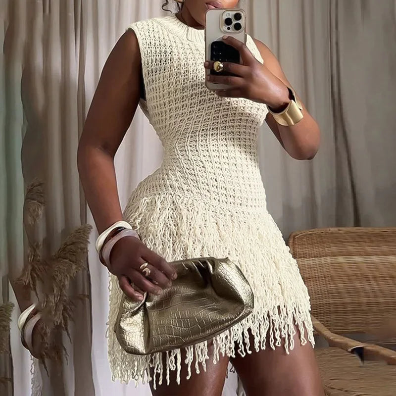 NEW Arrivals UK Size Black/White Color Italian Fashion Tassels Hollow Out Splicing Mini Dresses Women Round Neck Sleeveless Slim Elegant Lady Clothing