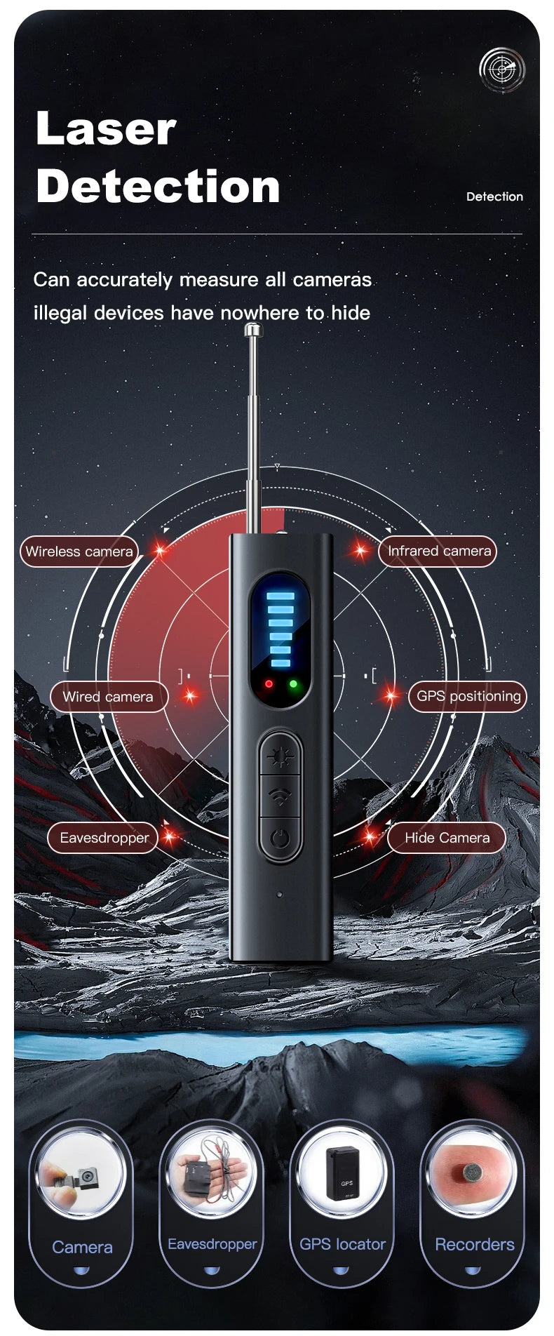 NEW T15 Wireless Camera Detector Protective Alarm Security Sensor Bug Finder GPS Locator Detection RF Signal Lens Tracker Detect Scanner for Security Privacy Protection Spy Systems