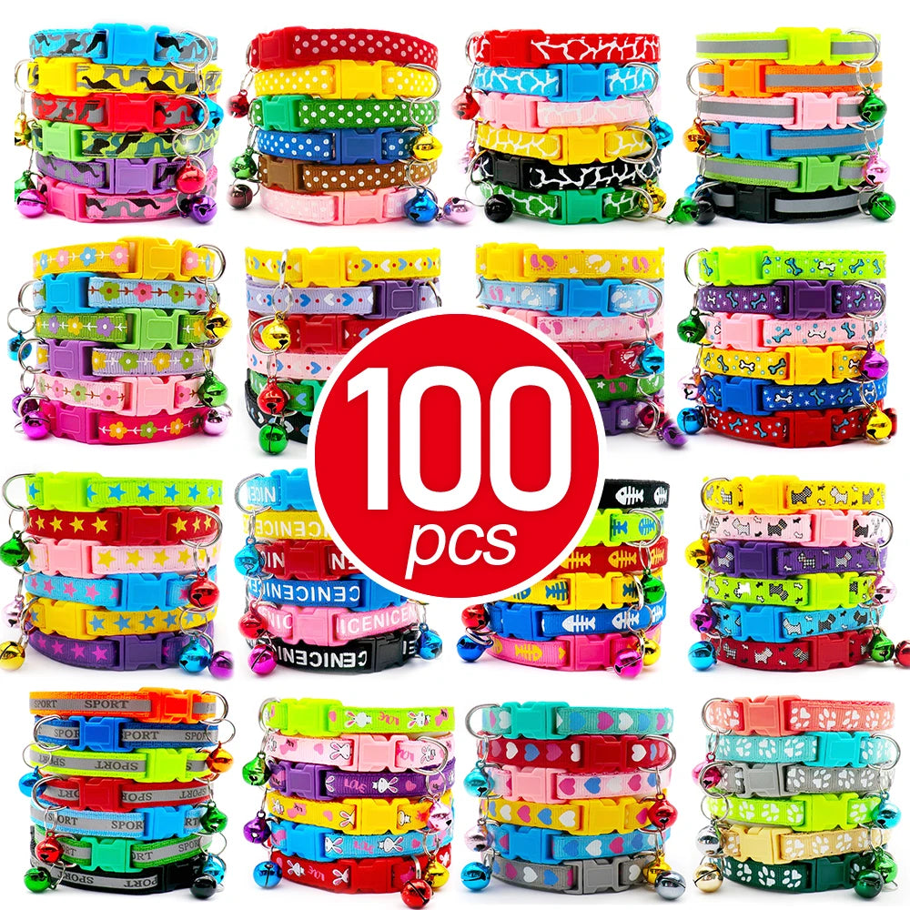 NEW 100PCS Set Dog Collar With Bells Adjustable Customize Necklace Puppy Kitten Collar Accessories Pet Shop Products Rabbit Cats Neck Strap Collar Pets Safety Supplies