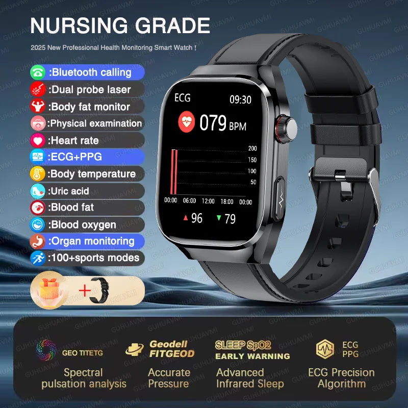 NEW Arrivals Micro Physical Examination ECG Smart Watch Women Men Uric Acid Body Fat Five Organ BP Health Watches HD Call Smart Bracelet Health Care Supplies