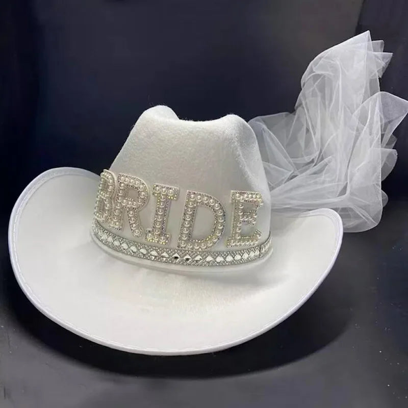 NEW Arrivals Bride Cowboy Veil Hat Country Western Barn Space Disco Wedding Cowgirl Bach Bachelorette Hen Party Bridal Shower Decoration Gift