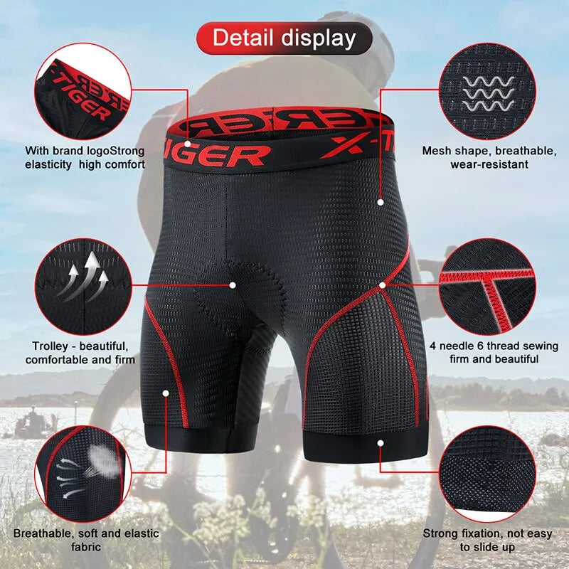 X-TIGER Cycling Shorts Breathable Mesh Cycling Underwear Gel Pad Shockproof MTB Bike Shorts Bicycle Underwear