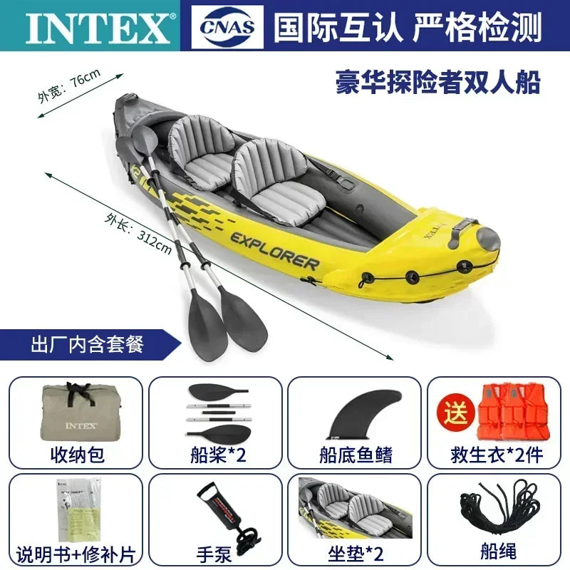 NEW 2 Persons Full Set + Life Jackets Inflatable Kayak Boat Rubber Boat Drifting Single Adjustable Double Assault Boat Drifting Kayak Outdoor Fishing Beach Sea River Boat Sports Supplies