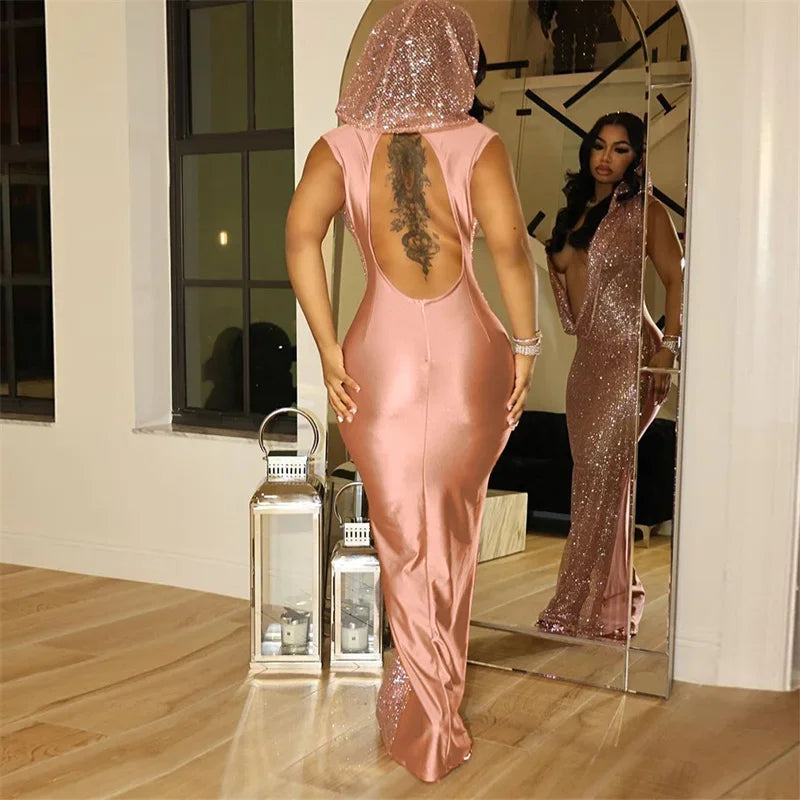 NEW Arrivals S-2XL Pink/Gold/Red Color Sexy Deep V-Neck Hooded Party Long Dresses Women Nightclub Prom Mesh See Through Sleeveless Glitter Sequined Bodycon Maxi Dress