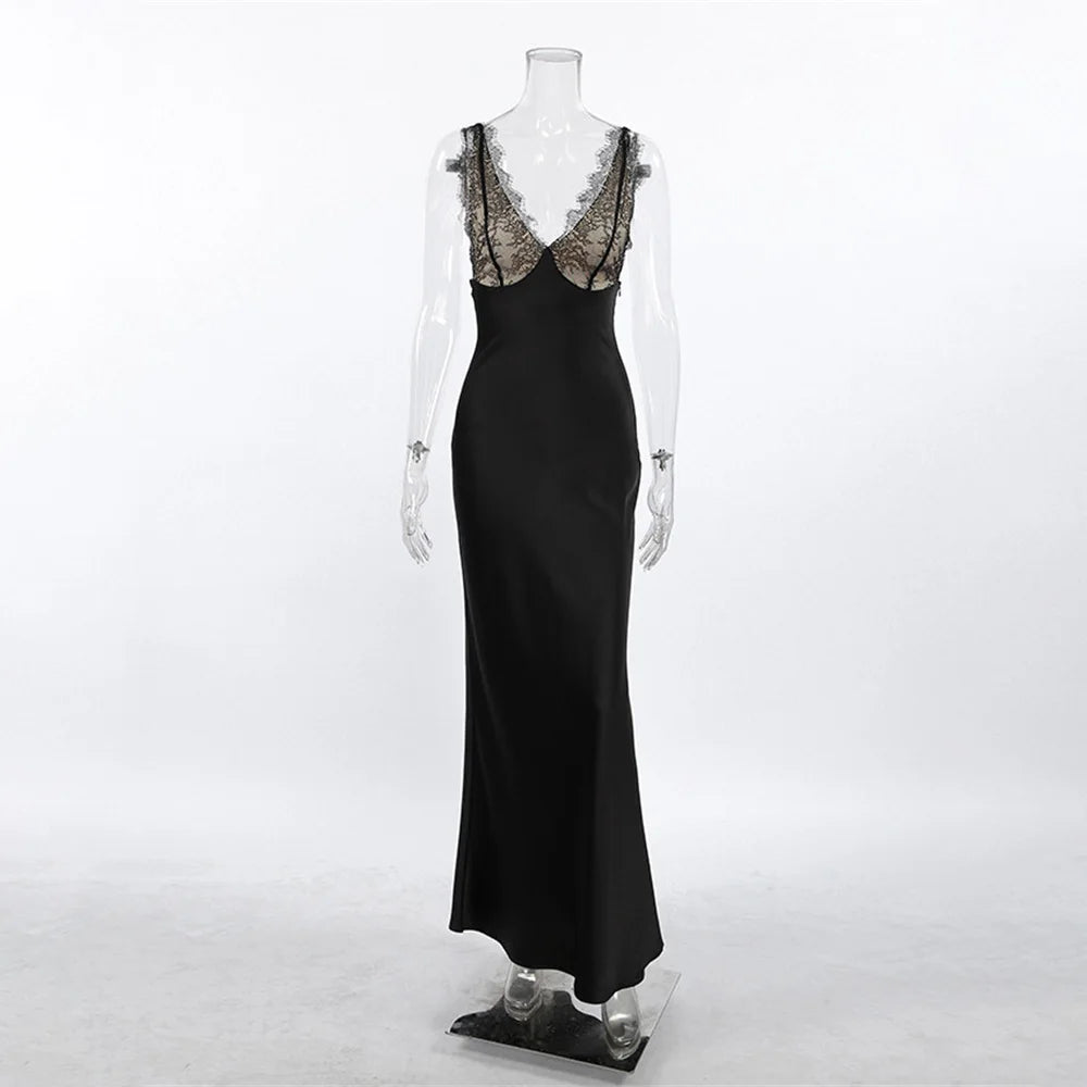 Just Arrived Black/White Color Lace V-Neck Long Dress Women's Patchwork High Waist Slim Backless Summer 2026 New Dress Female Evening Party Dress Gown