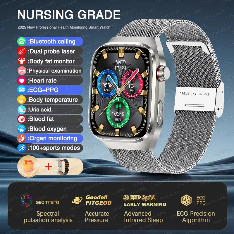NEW Arrivals Micro Physical Examination ECG Smart Watch Women Men Uric Acid Body Fat Five Organ BP Health Watches HD Call Smart Bracelet Health Care Supplies