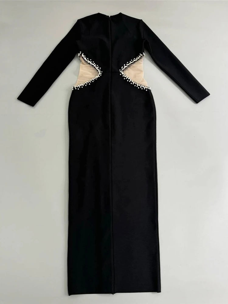 NEW Sexy Long Sleeve Diamonds Long Bandage Dress Women Black Cut-Out Mesh Patchwork Rhinestones Split Bodycon Dresses Evening Party Red Carpet Celebrity Luxury Sexy Dress