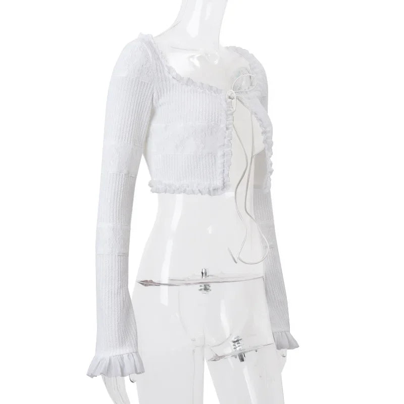 NEW Arrivals 2PCS Set Sexy Fashion Y2K Ruffle Tiered White Mini Skirts + Tops Sets Elegant Outfits Tie Front Matching Sets Spring Summer Evening Beach Party Night Club Outfit Girls Sexy Suit