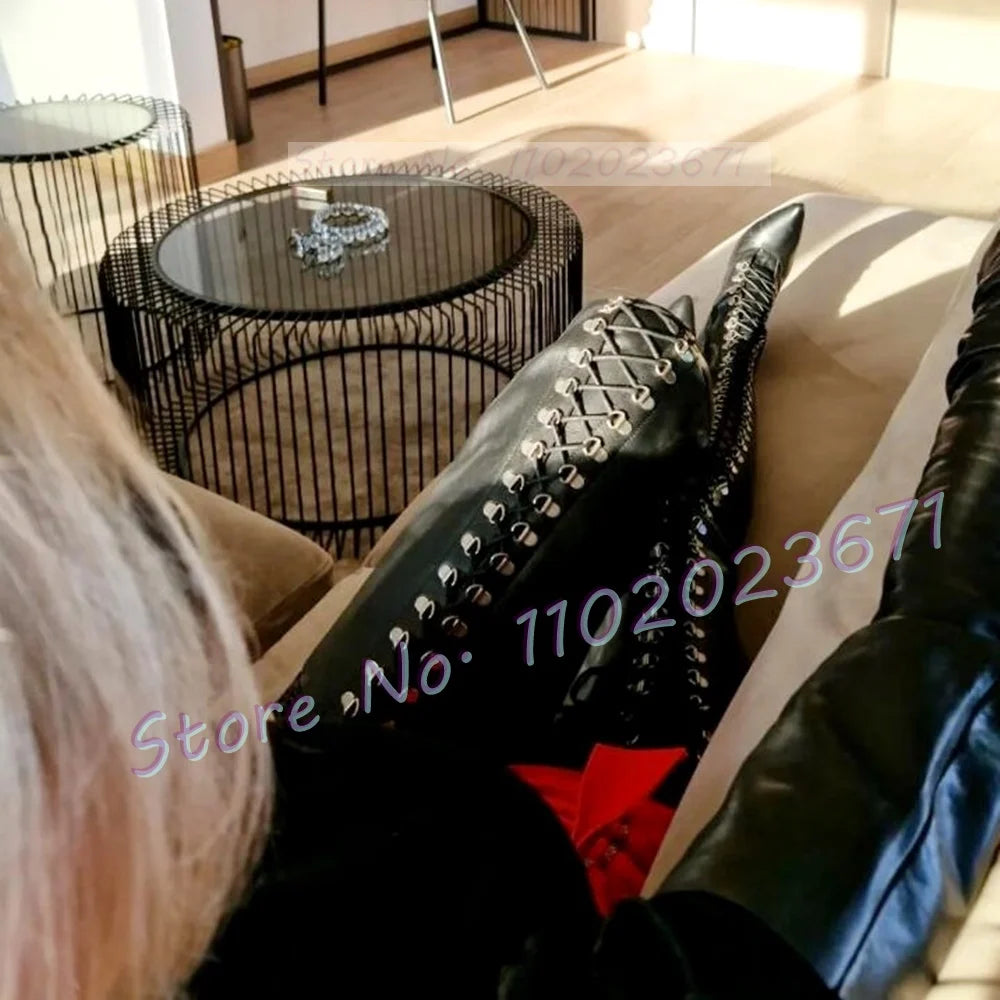 Gladiador Lace-up Crotch Boots Women Pointy Toe Streetwear Punk Sexy Long Shoes Ladies Fashion High Thin Heels Couture Boots