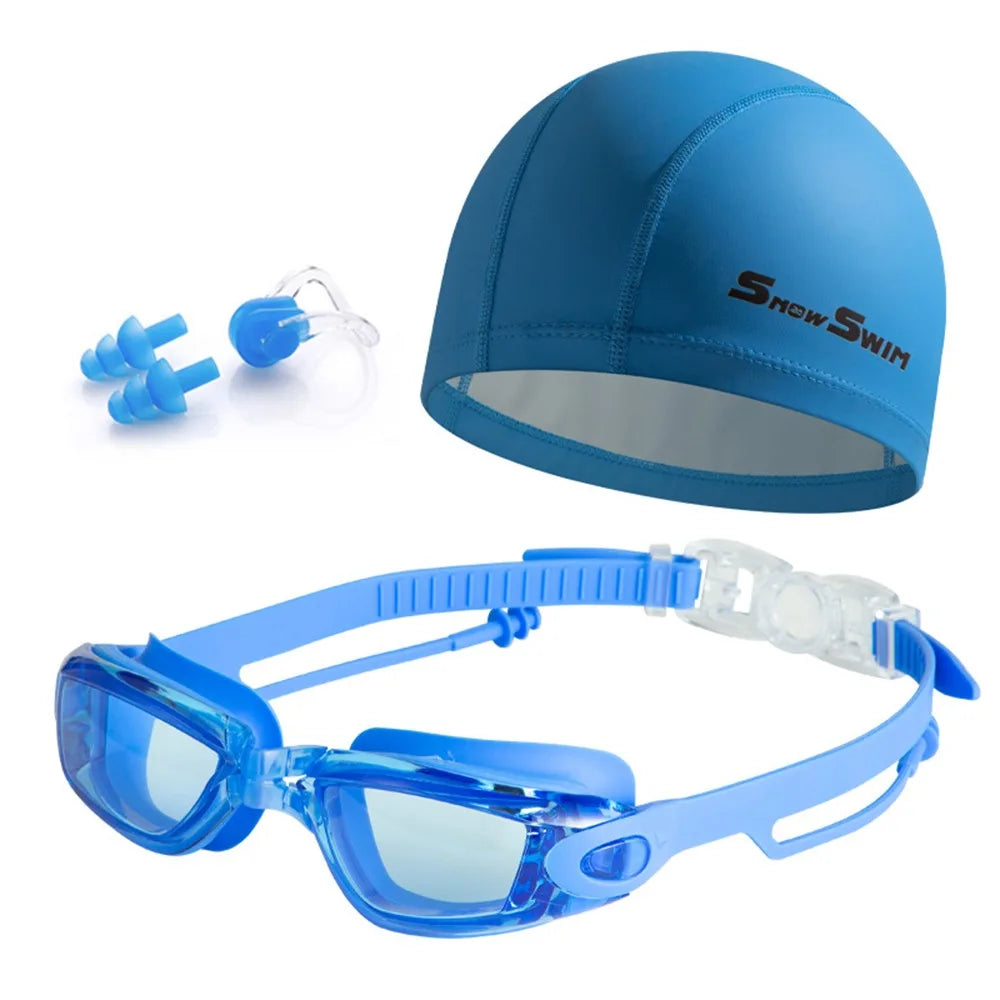 NEW 4 PCS Set Anti-Fog Adult Myopia/ Transparent/ Electroplated Professional Swimming Goggles Set with Nose Clip, and Ear Plugs Adjustable Silicone Swim Cap Waterproof Ultralight