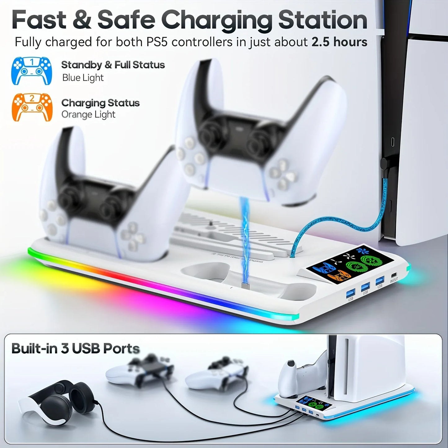 NEW Arrivals for PS5/PS5 Slim Stand with Headphone Hook Cooling Stand with Controller Charging Dock Station With 3 Levels Cooling Fan Computer Video Games Accessories Electronic Supplies