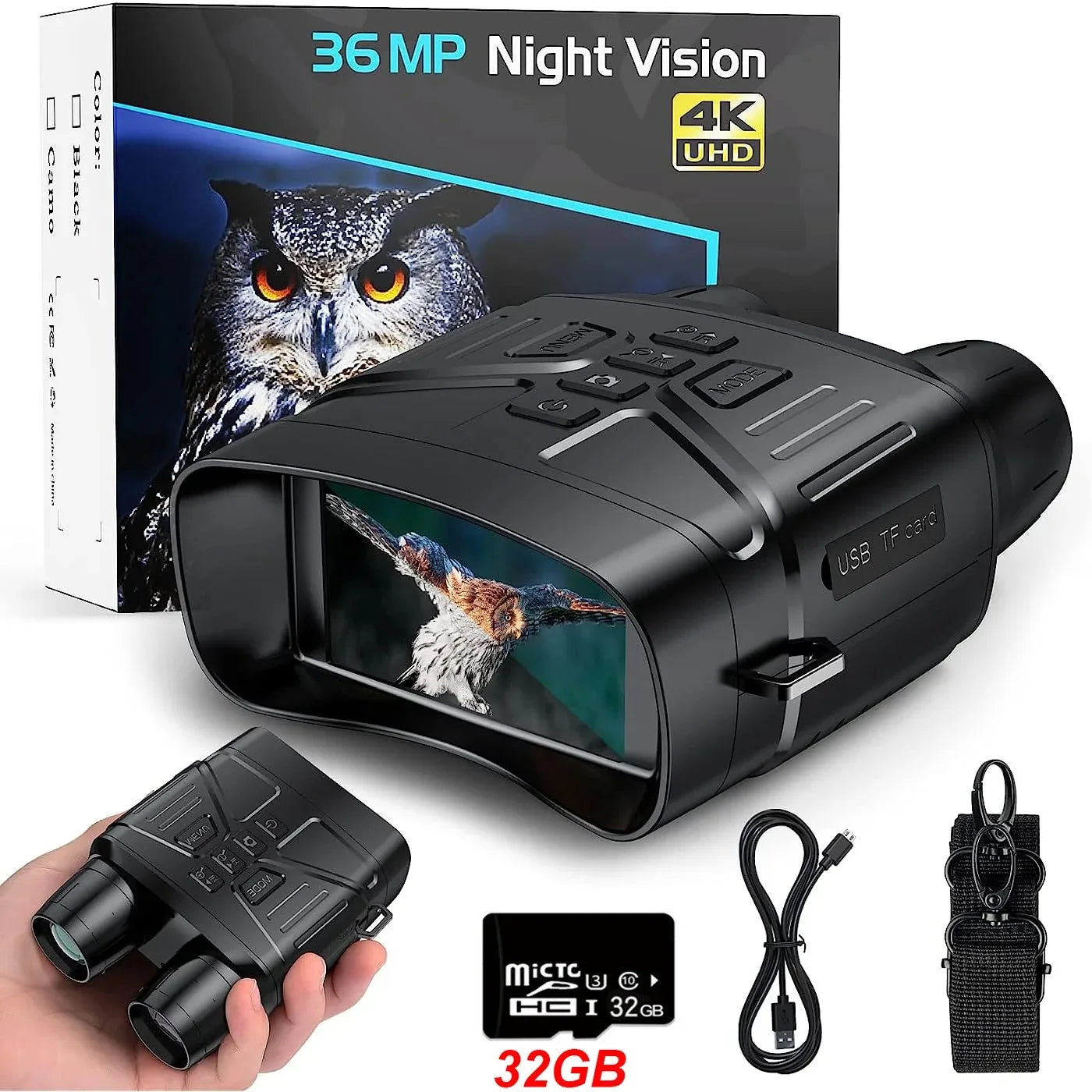 NEW 4K Night Vision Professional Goggles Binoculars with 5000mAh 32GB Card Rechargeable Battery, Can Save Photo and Video,3'' HD Screen for Camping & Security