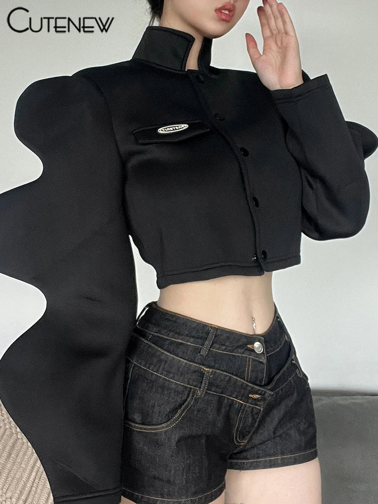 NEW Arrivals Solid Black Autumn Winter Women Jacket Fashion Stand-Up Collar Single-Breasted Lantern Sleeve Female Evening Rave Party Night Club Coat Streetwear Girls Casual Fashion Apparel Supplies