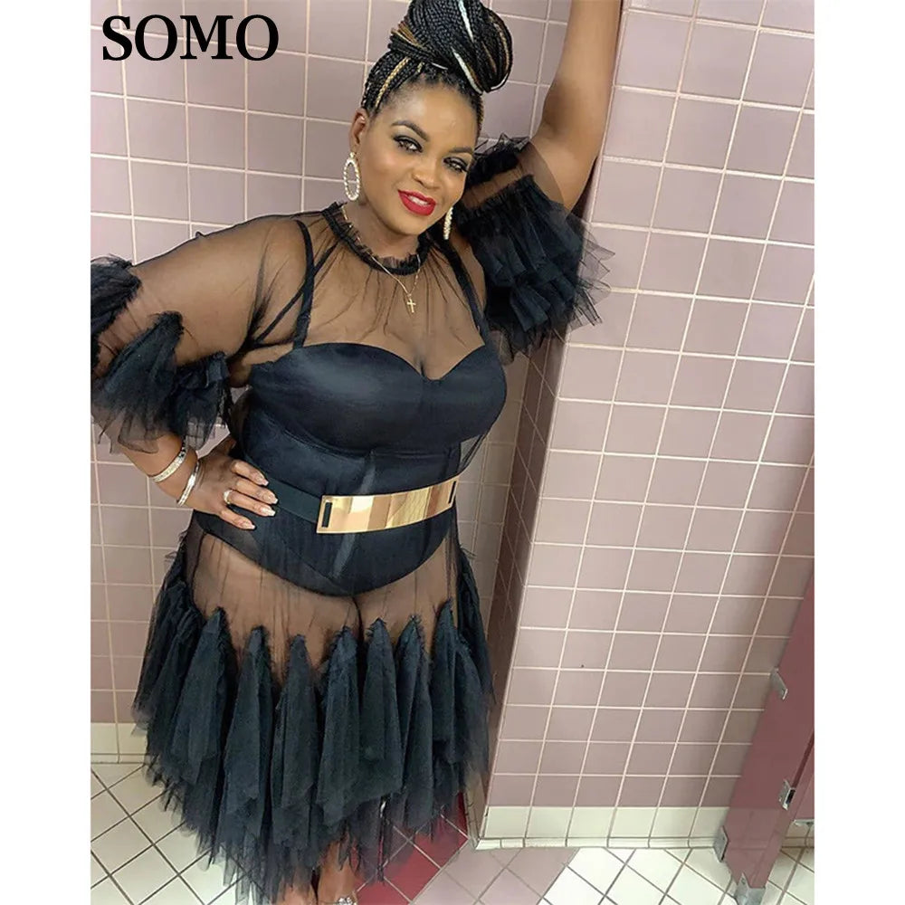 NEW Arrivals XL-5XL Plus Size for Chubby Women Spring Summer Clothing Black Mesh Patchwork Irregular Wedding Guest Long Dress Sexy See Through Evening Party Dress