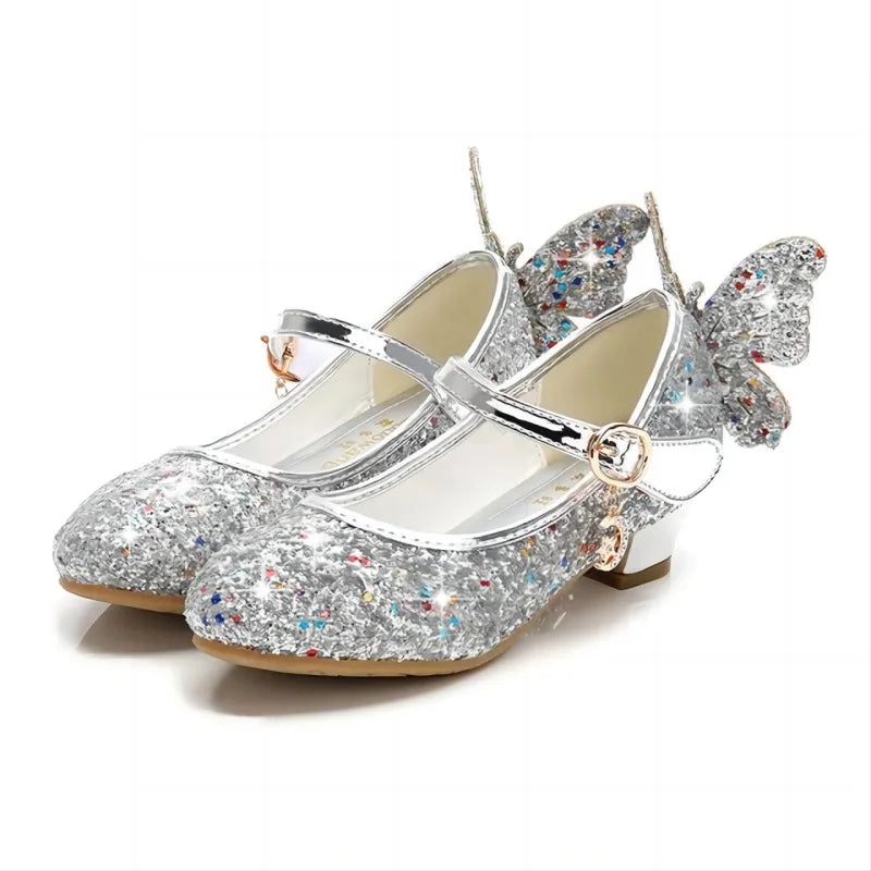 NEW Luxury Girls Wedding Birthday Party Princess Butterfly Leather Shoes Diamond Bowknot High Heel Children Girl Dance Glitter Shoes Fashion Girls Party Dance Shoe Children Footwear Fashion Apparel Accessories Supplies