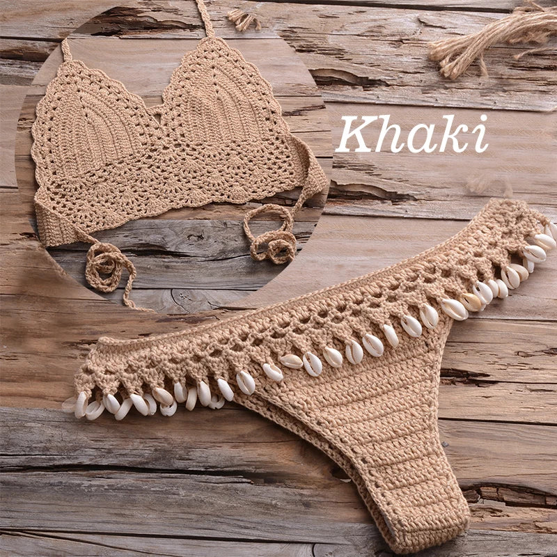 NEW Arrivals 10 Colors Handmade Sexy Women Large Size Swimwear Knitted Halter Bikini Top Bra Sexy Beach Swimsuit Hollow Bathing Suit Bikini Set Push Up Swim Thongs