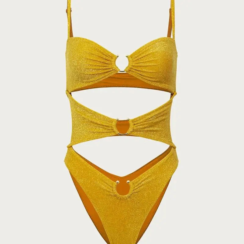 Women Sexy Bikini One Piece Set Gold Printing Lace Up Backless Low Waist Triangle Bathing Suit Beachwear For Women