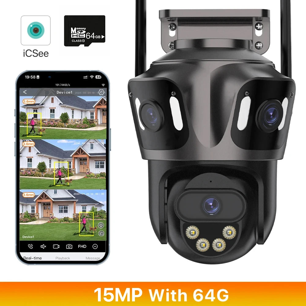 NEW 15MP HD 3 Screen WI-FI IP 2 Ways Voice Intercom Camera Outdoor 4K Dual Lens Camera Ai Human Detection Waterproof CCTV Video Security Camera Home Office Factory Security Systems