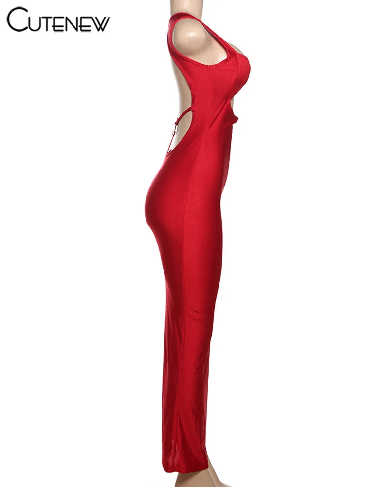 Low-Price Sales are Limited NEW Solid Elegant Women Maxi Dress Classic Elegant Hollow Out Backless Sleeveless Sheath Female Simple Sexy Frock Evening Beach Nightclub Party Dress Girls Ladies Sexy Fashion Clothing Supplies