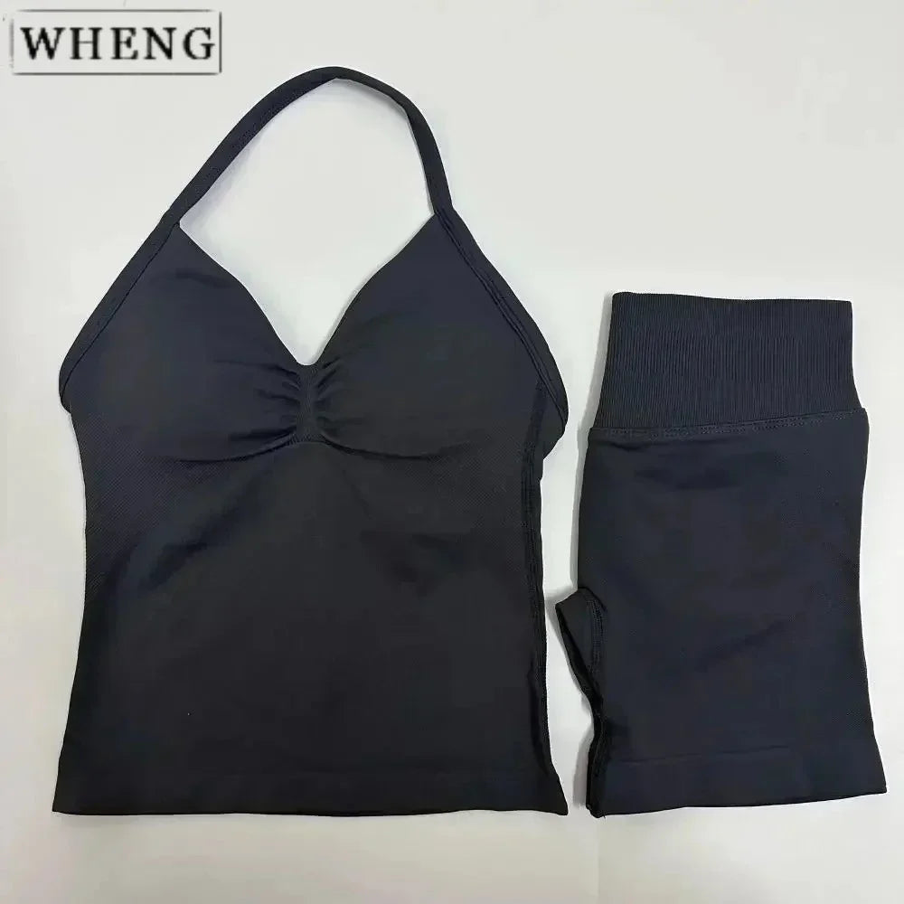 NEW Arrivals 2PCS Set 10 Colors Padded Sleeveless T-Shirt with Halter Collar Hip Pants Summer Sportswear Women Fitness Yoga Pilates Suit Outdoor Hiking Running Sports Clothes