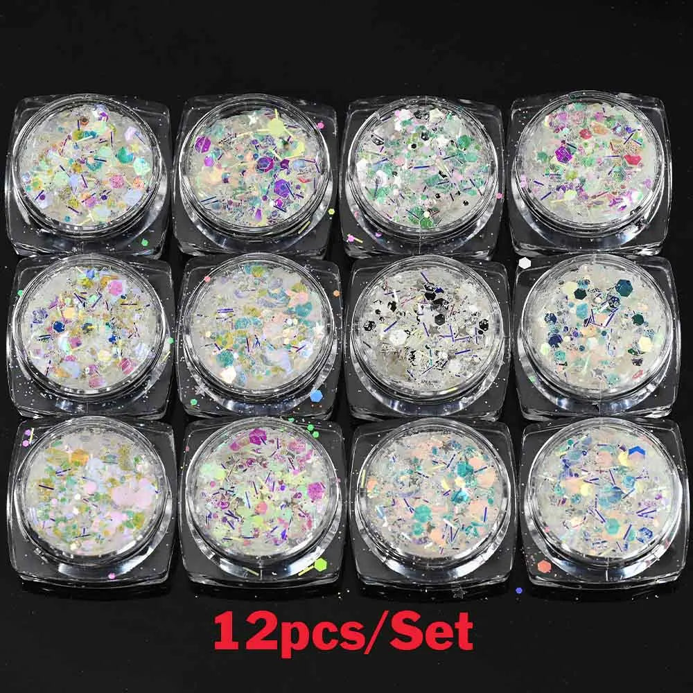 Set Sparkly Holographic Fine Sugar Nail Powder Diamond Chrome Pigment Dust For Gel Polish Glitter Manicure Accessories