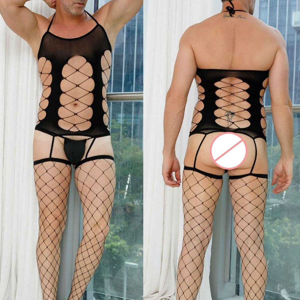 Men Gay Bodystocking Sissy Sexy Lace Mesh Fishnet Bodysuit Sissy Pantyhose Hosiery See Through Lingerie Hollow Erotic Underwear