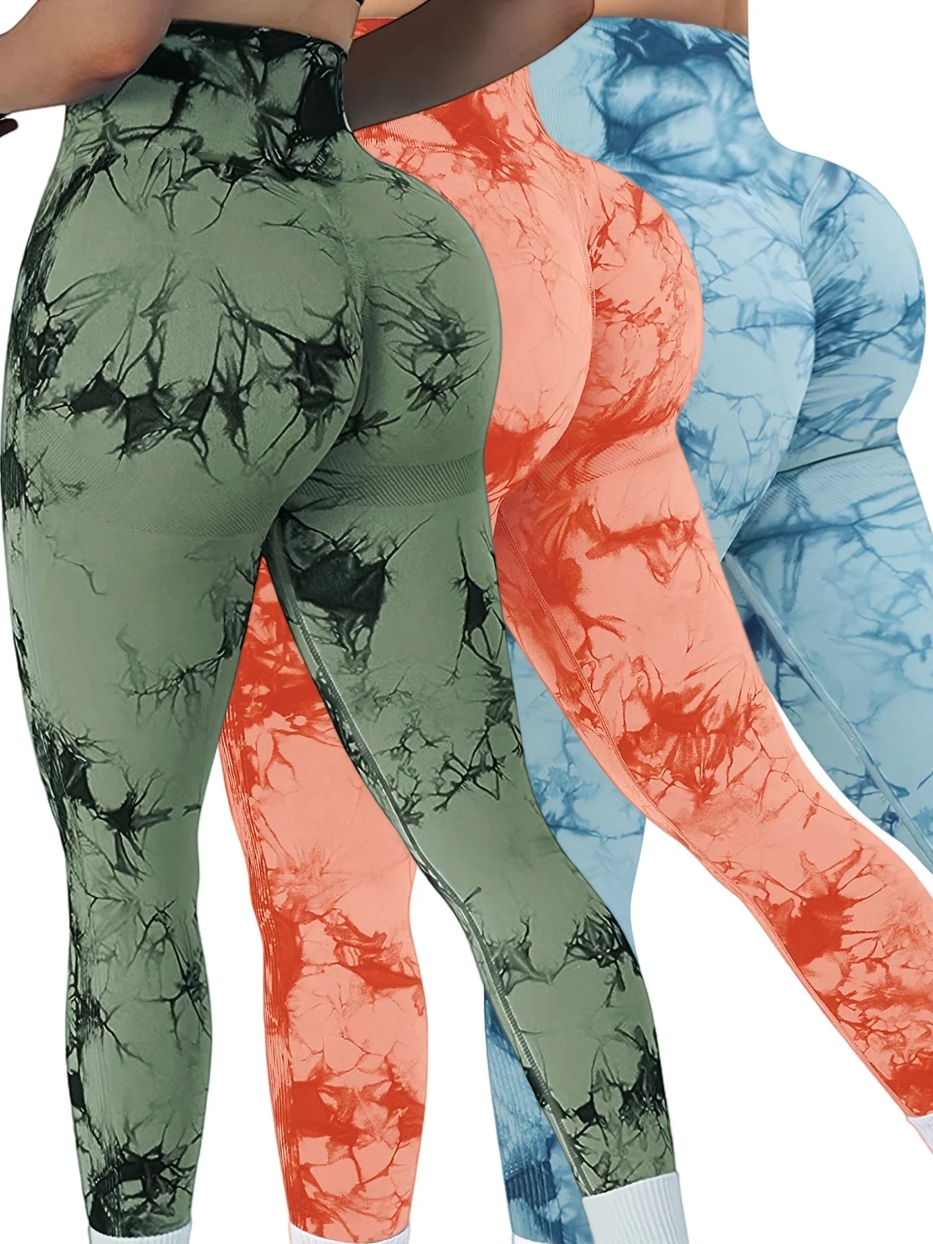 NEW Arrivals 3PCS Set Tie Dye Seamless High Waisted Leggings - Tummy Control Scrunch Butt Lifter - Women Yoga Gym Fitness Pants Outdoor Running Hiking Leggings Ladies Sports Clothing Sets