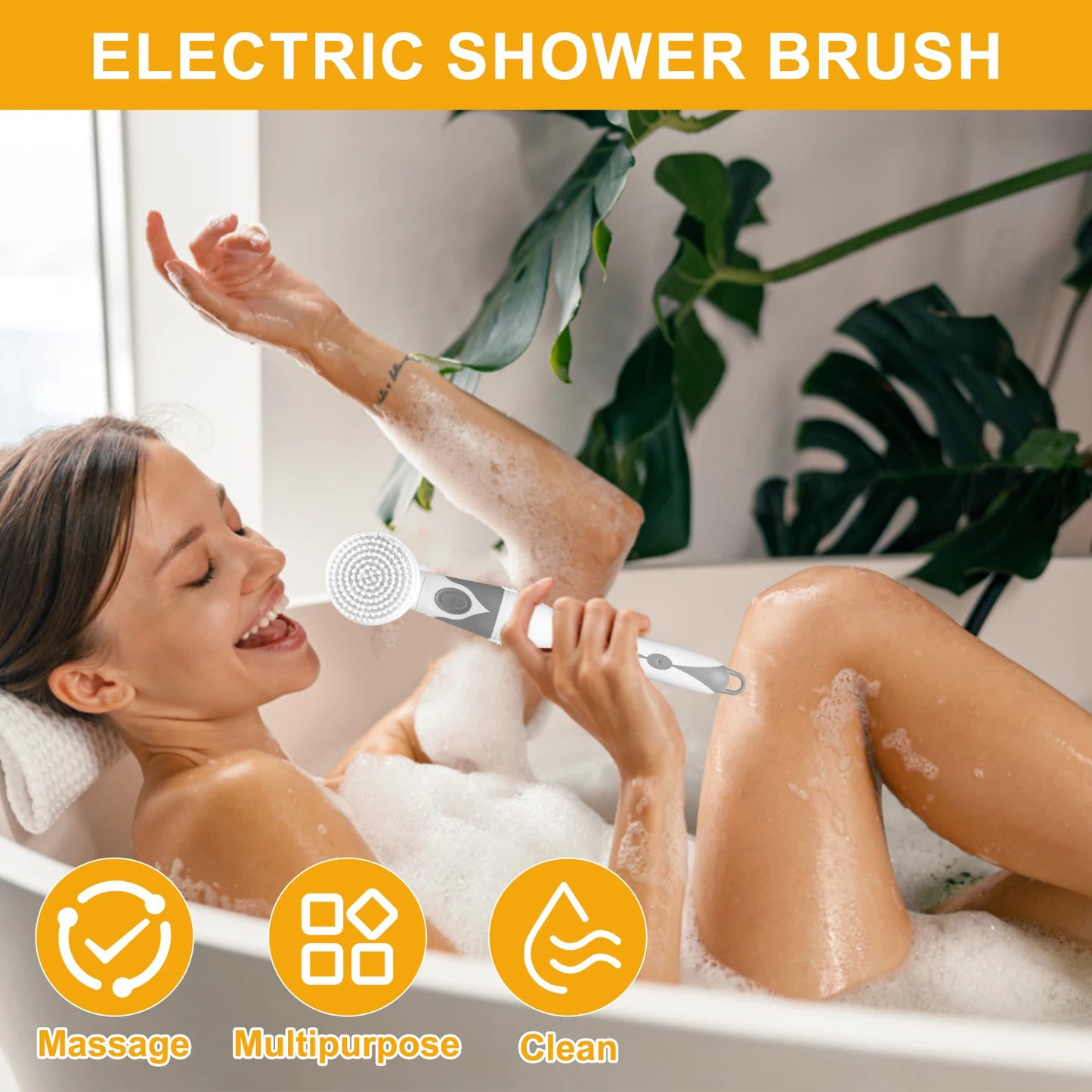 4 In 1 Electric Body Brush Long Handle Exfoliating Scrubber IPX6 Waterproof Massaging Cleaning Brush with 4 Replacement Heads